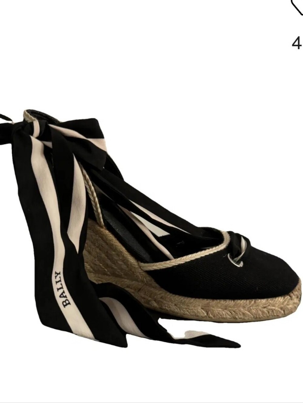 Bally $590 Wedge Espadrilles Size 8 Black/White Logo Ankle Tie